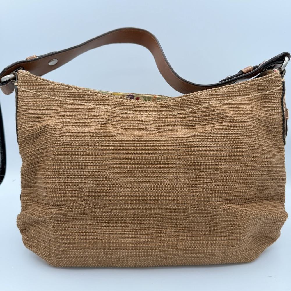 Fossil Purse Brown Thatch Weave Leather Accents Vintage Bag. Floral Interior